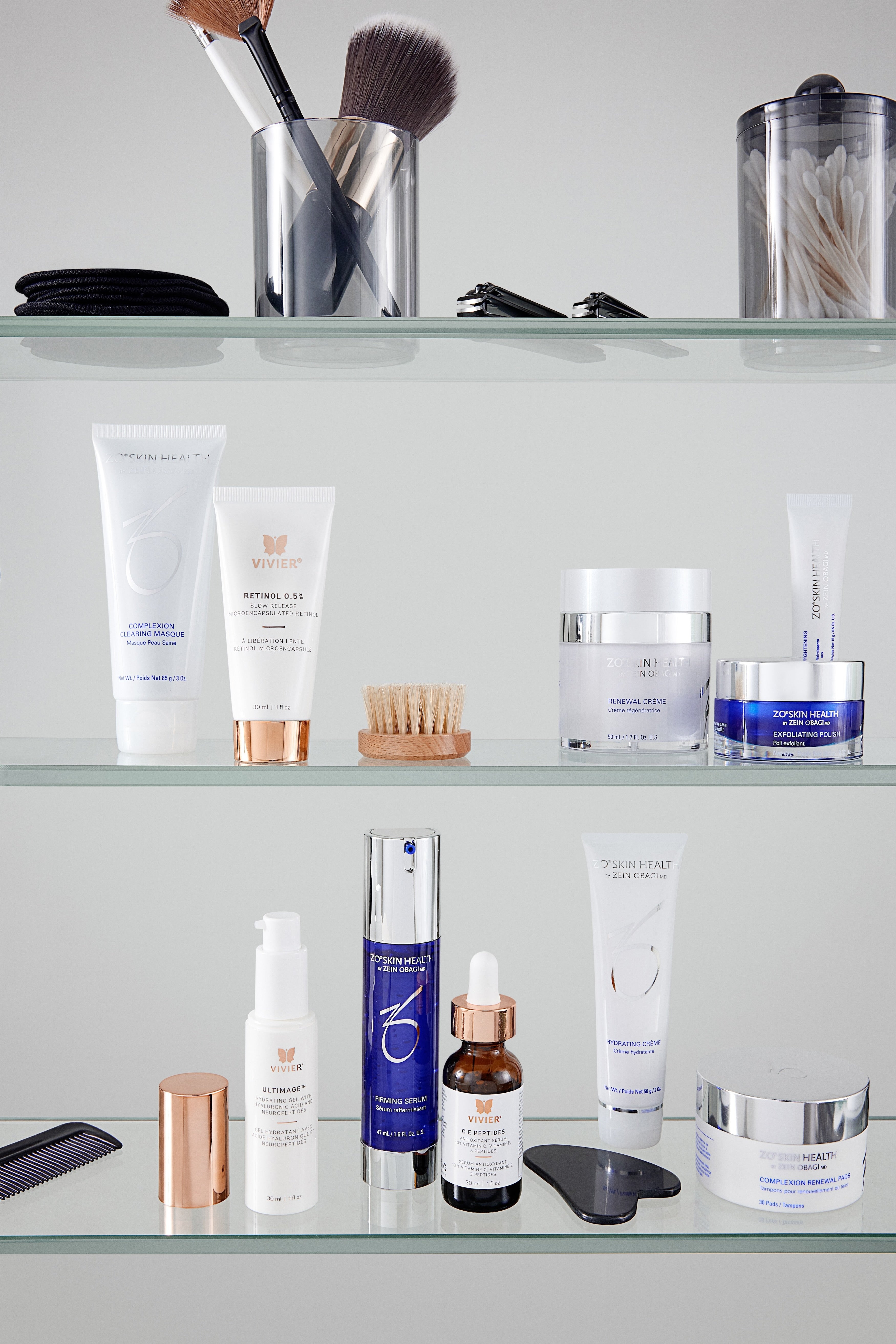 Inside a bathroom cabinet displaying high-end skincare products from Vivier and ZO Skin Health, showcasing premium skincare brands and luxury skincare solutions.