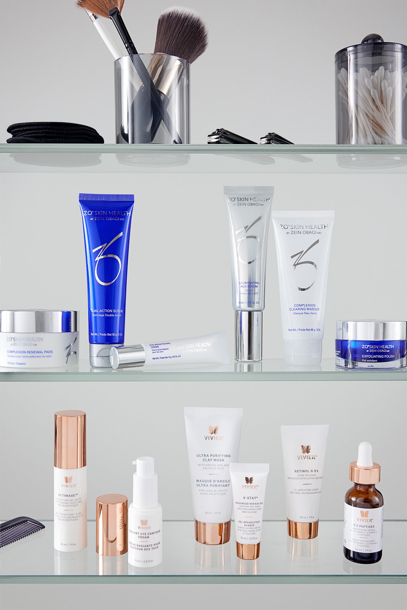 Inside a bathroom cabinet displaying high-end skincare products from Vivier and ZO Skin Health, showcasing premium skincare brands and luxury skincare solutions.